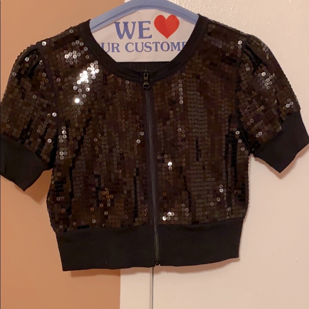 Express Black Sequin Cropped Zip Up Cardigan